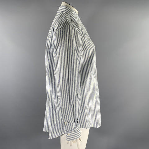 LORO PIANA Size 12 White Blue Flax Stripe Shirt