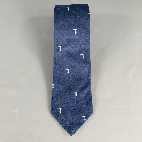 TRUSSARDI Navy White Textured Logo Silk Tie