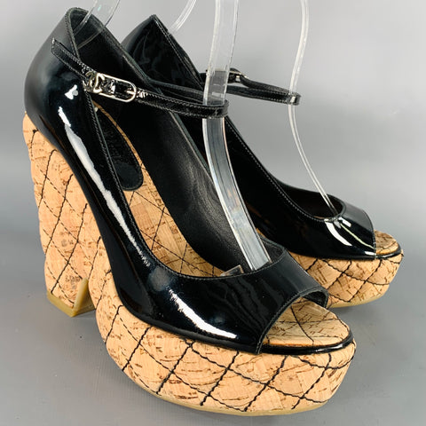 CHANEL Size 6.5 Black Natural Patent Leather Quilted Cork Peep Toe Platform Pumps