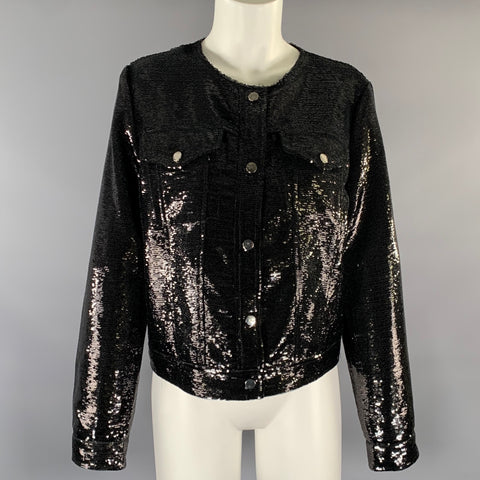 NEIMAN MARCUS Size M Black Polyethylene Blend Sequined Snaps Jacket