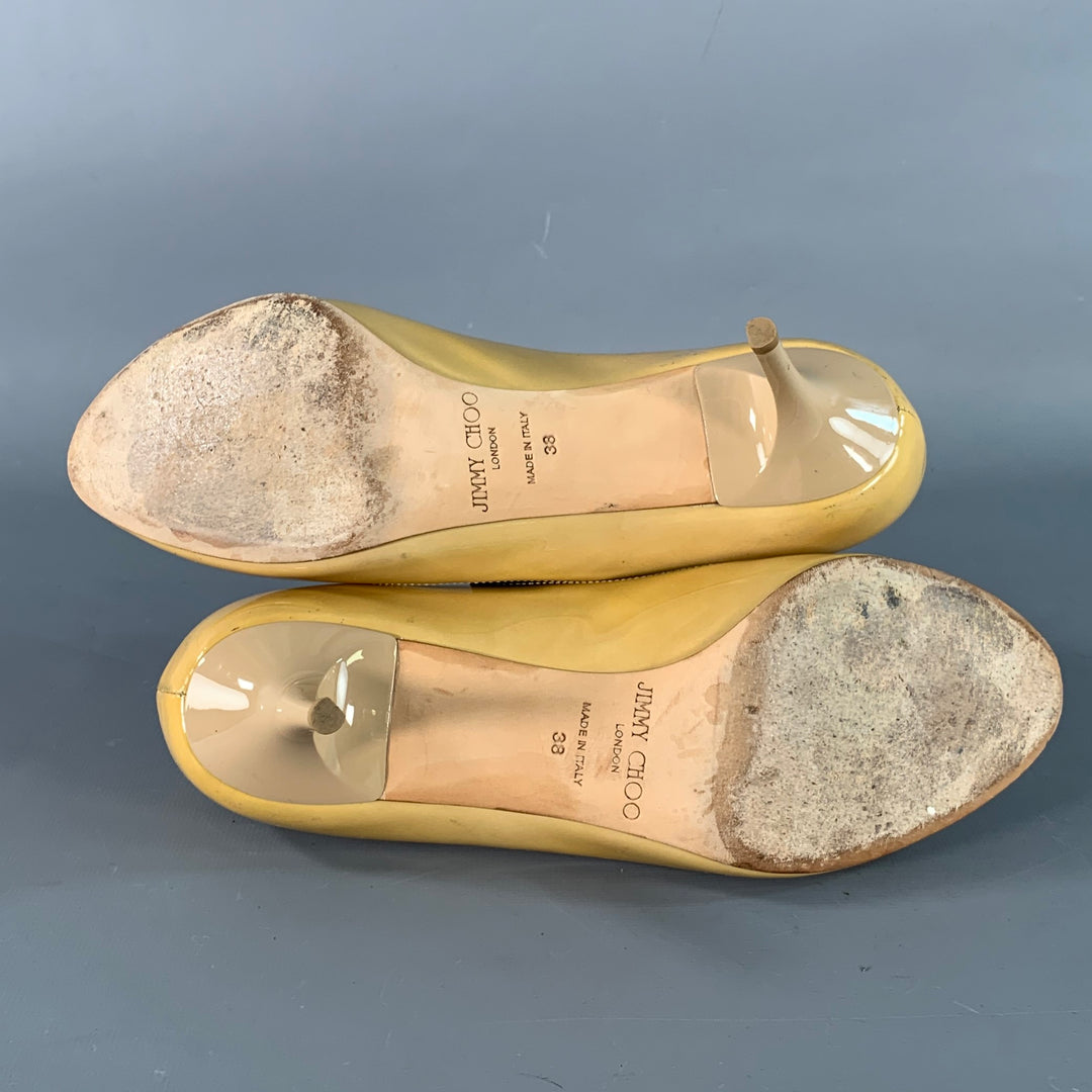 JIMMY CHOO Size 8 Tan Patent Leather Peep Toe Pumps