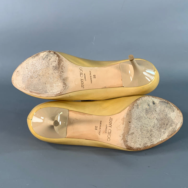 JIMMY CHOO Size 8 Tan Patent Leather Peep Toe Pumps