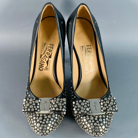 SALVATORE FERRAGAMO Size 5 Black Silver Leather Studded Bow Pumps