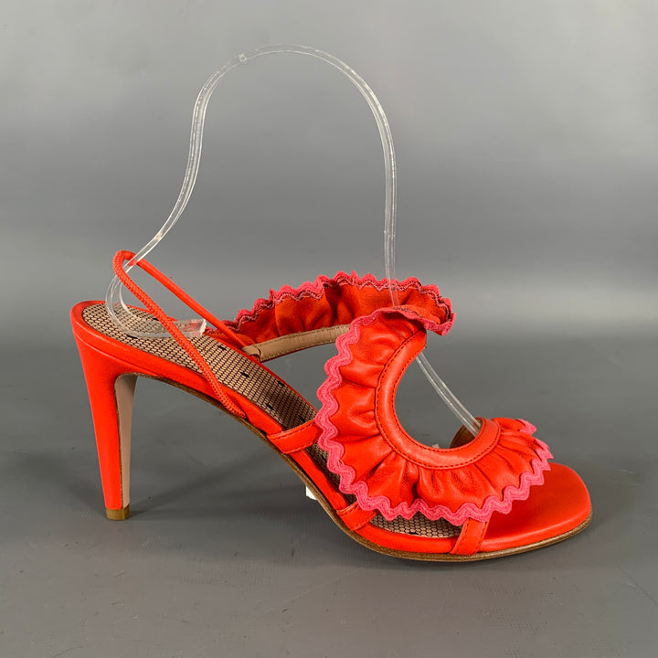 RED VALENTINO Size 7 Orange Pink Ruffled Strappy Sandals
