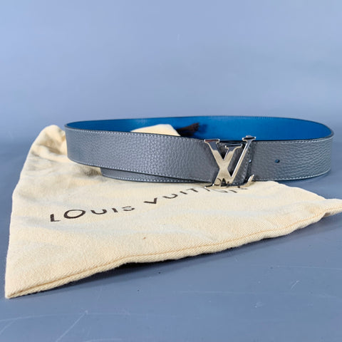 LOUIS VUITTON Size 38 LV Initiales Blue Grey Pebble Grain Leather Reversible Belt