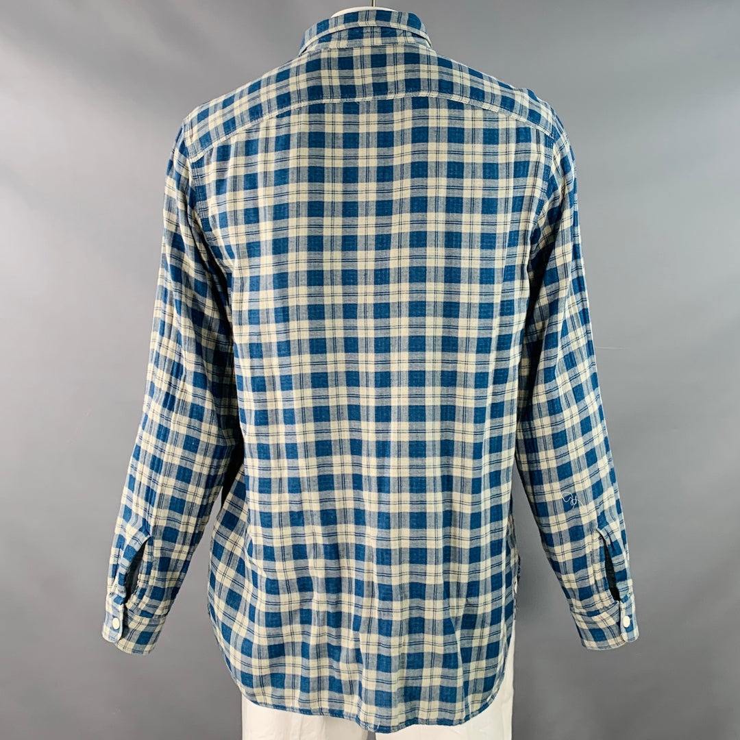 RRL by RALPH LAUREN Size XL Blue Cream Plaid Cotton Long Sleeve Shirt