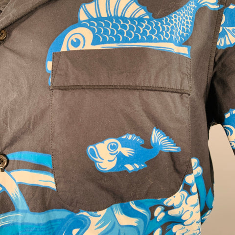 VALENTINO Size S Black White Blue Koi Fish Cotton One Pocket Camp Short Sleeve Shirt