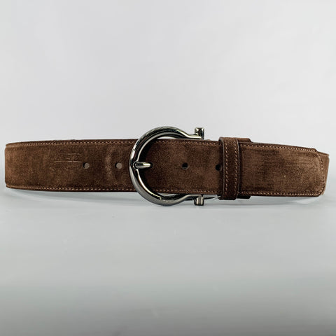 SALVATORE FERRAGAMO Size 36 Brown Gunmetal Suede Belt