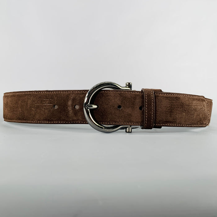 SALVATORE FERRAGAMO Size 36 Brown Gunmetal Suede Belt