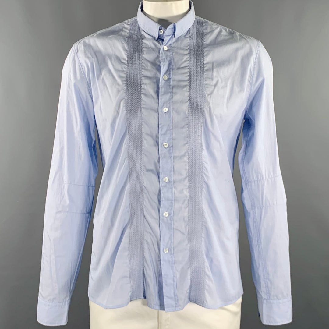 BALMAIN Size L Blue Light Blue Embroidery Cotton Long Sleeve Shirt