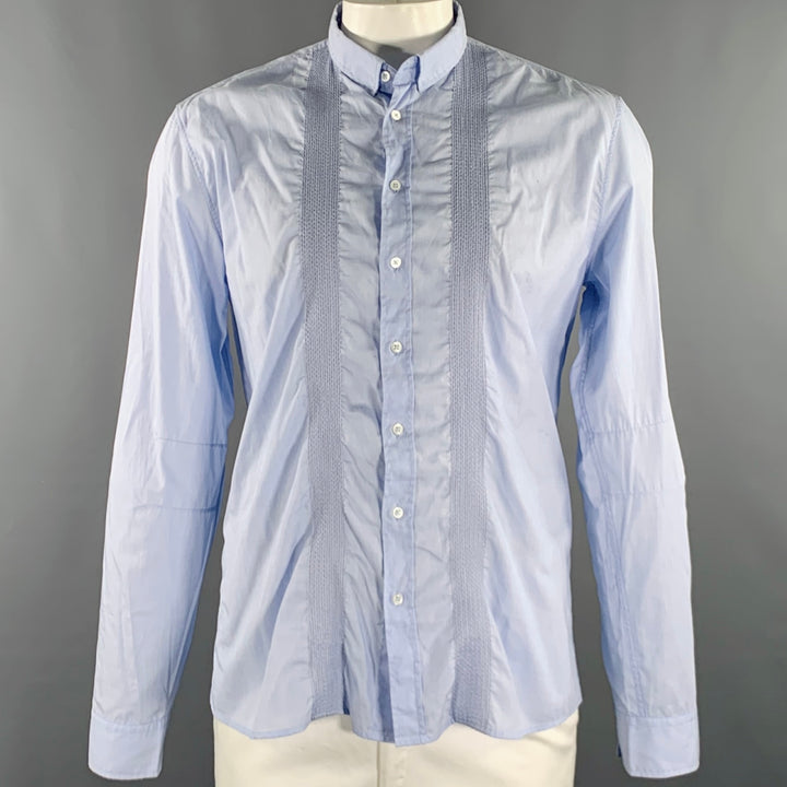 BALMAIN Size L Blue Light Blue Embroidery Cotton Long Sleeve Shirt