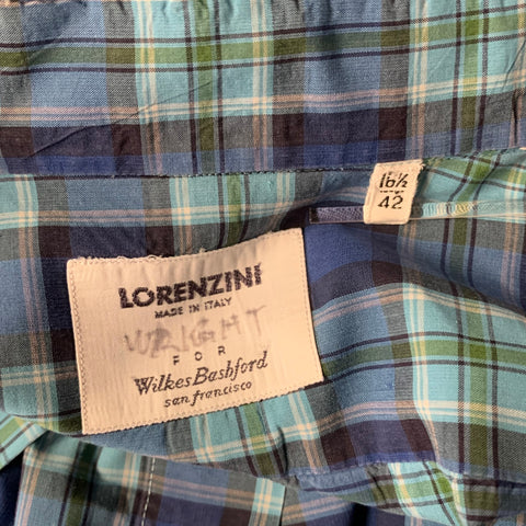 LORENZI Size XL Turquoise Blue Plaid Long Sleeve Shirt