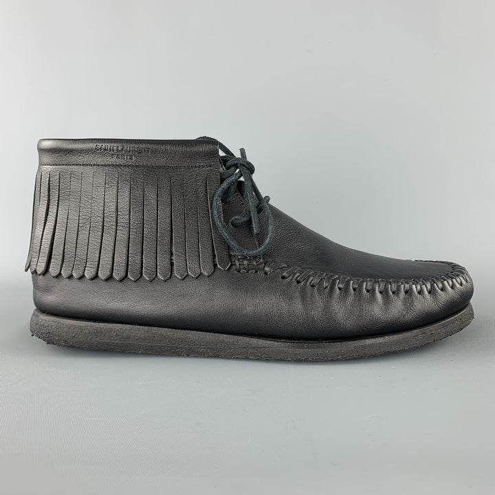 SAINT LAURENT Size 12 Black Leather Fringed Moccasin Style Boot Sneakers