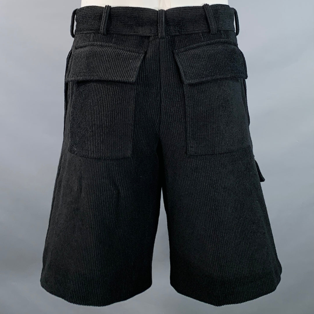 JIL SANDER Size L Black Corduroy Cotton Blend Belted Zip Fly Cargo Shorts