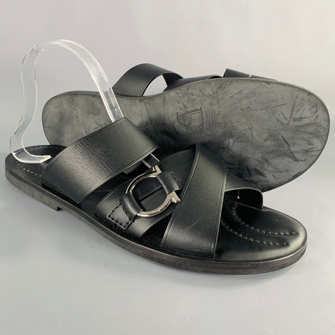 SALVATORE FERRAGAMO Size 12 Black Leather Criss Cross Straps Sandals