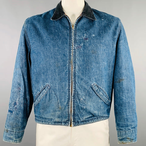 BIG MAC 1950s Size L Blue Black Distressed Denim Corduroy Collar Jacket