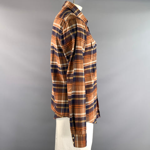 BARBOUR Size L Orange Navy Plaid Cotton Pointed Collar Long Sleeve Shirt