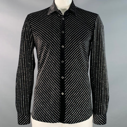 PHIX Size L Black Metallic Silver Pinstripe Velvet Spread Collar Snaps Long Sleeve Shirt