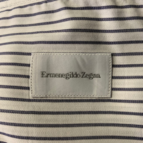 ERMENEGILDO ZEGNA Size L White Navy Stripe Cotton French Cuff Long Sleeve Shirt
