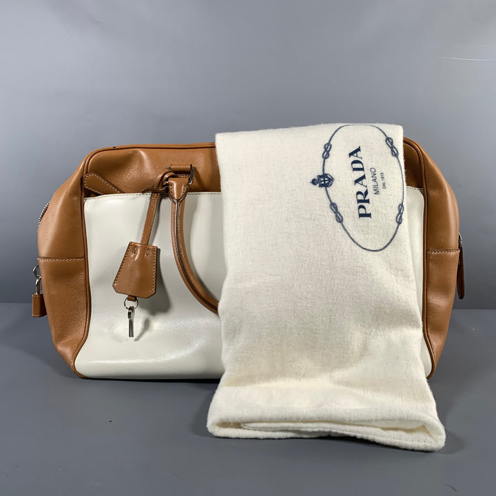 PRADA Tan Cream Color Block Leather Overnight Bags