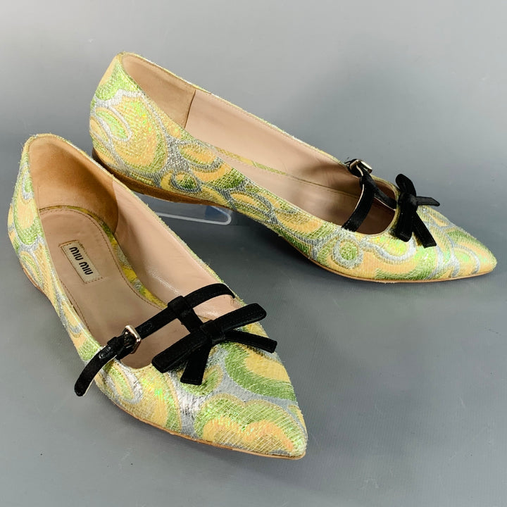 MIU MIU Size 8.5 Green Silver Paisley Textured Pointed Toe Bow Flats
