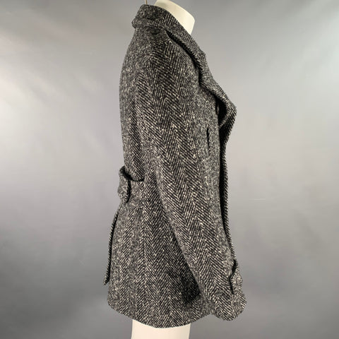 WOOSTER + LARDINI Size 36 Black Grey White Herringbone Wool Peacoat Coat