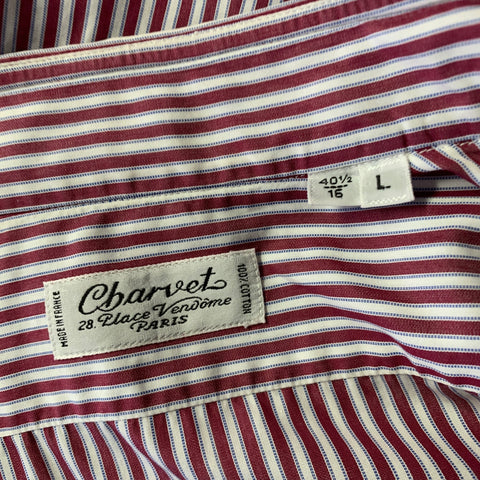 CHARVET Size L Burgundy White Stripe Cotton Pointed Collar Long Sleeve Shirt