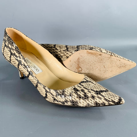JIMMY CHOO Size 11 Grey Cream Python Skin Kitten Heel Pumps