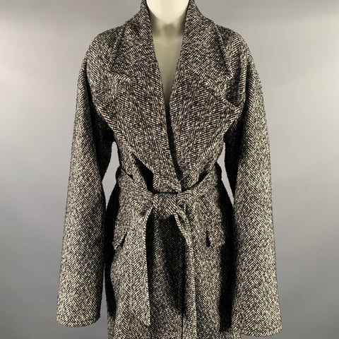 RONNY KOBO Size L Black White Polyester Wool Herringbone Double Breasted Coat