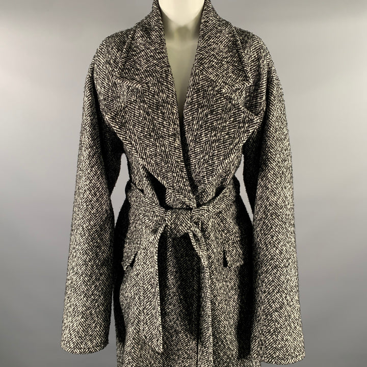 RONNY KOBO Taille L Noir Blanc Polyester Laine Manteau Croisé à Chevrons