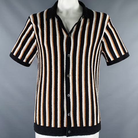 Chemise à manches courtes en tissu éponge à rayures noires, blanches et marron TODD SNYDER taille L