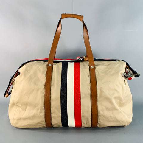 BLACK FLEECE Beige Multi Color Stripe Canvas Leather Duffle Bag