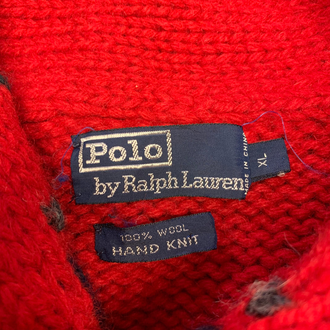 POLO by RALPH LAUREN Size XL Red Black Blue Knit Wool Shawl Sweater