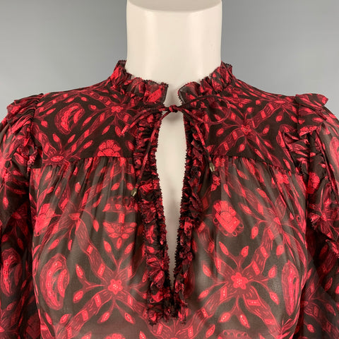 ULLA JOHNSON Talla 2 Top informal con cuello en V abstracto de seda rojo y negro