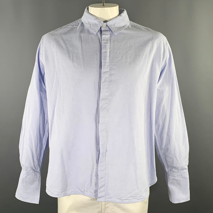 K.NGSLEY Size L Blue Woven Cotton Hidden Placket Long Sleeve Shirt