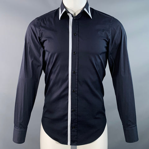 EMPORIO ARMANI Size S Navy Light Blue Cotton Blend Contrast Trim  Long Sleeve Shirt