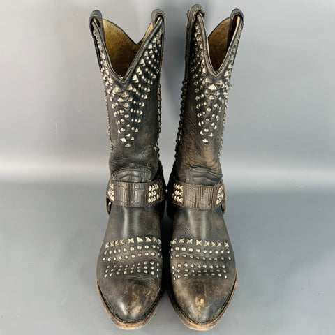 Bottes de cowboy FRYE taille 8 en cuir vieilli noir cloutées à enfiler