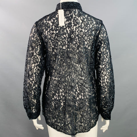 ANNE FONTAINE Size XL Selia Grey Black Polyamide Cotton Blend Lace Button Up Blouse