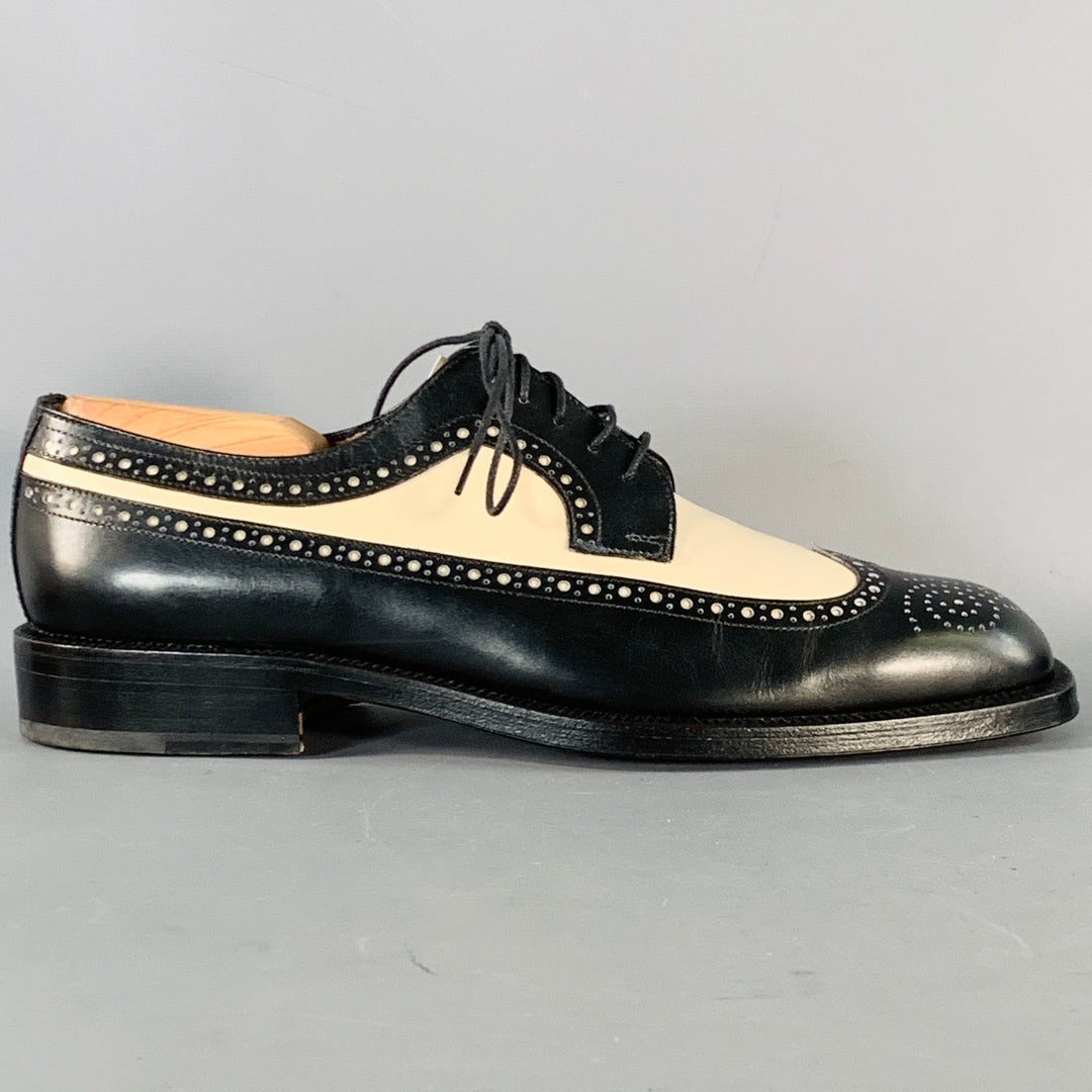 SALVATORE FERRAGAMO Size 9 Black Ivory Leather Spectator Wingtip Lace-Up Shoes