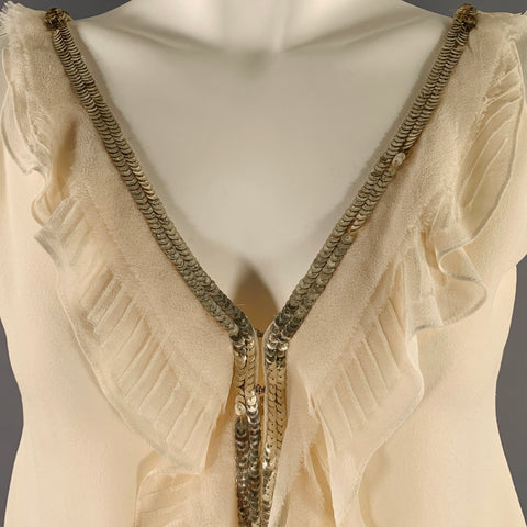 J.MENDEL Size 6 Cream Silk Ruffled Sleeveless Dress Top