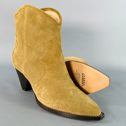ISABEL MARANT AW23 Size 10 Darizo Taupe Suede Pull On Stacked Heel Cowboy Boots