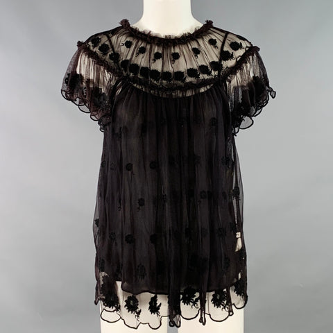 ULLA JOHNSON Size 0 Brown Black Nylon Mesh Lace Ruffle Dress Top