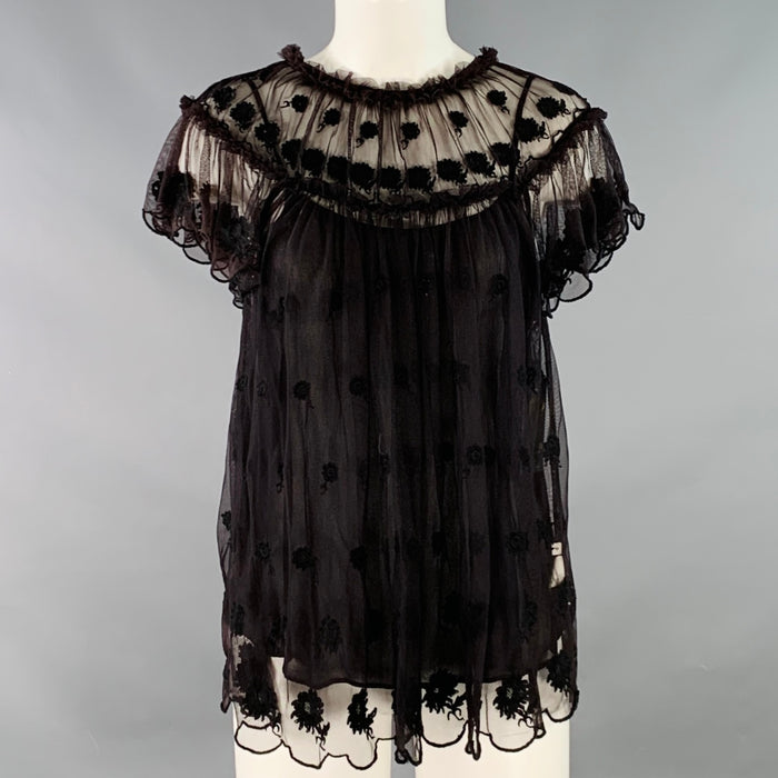 Haut de robe à volants en maille de nylon dentelle marron noir ULLA JOHNSON Taille 0