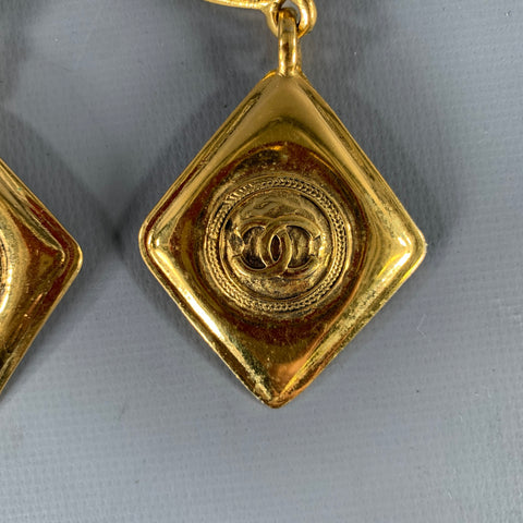 CHANEL Gold Tone Quilted Logo Clip-On Earrings