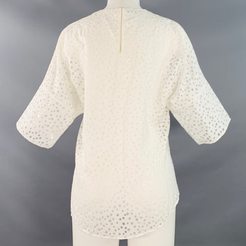 AKRIS Size 6 White Viscose Blend Dots Short Sleeve Crew Neck Casual Top