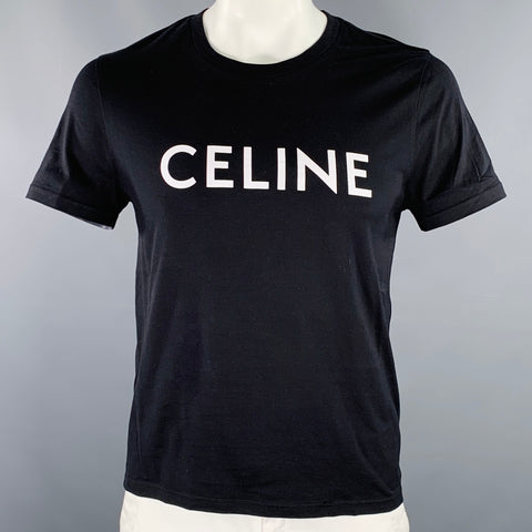 CELINE Size XL Black White Logo Cotton Crew Neck T-shirt