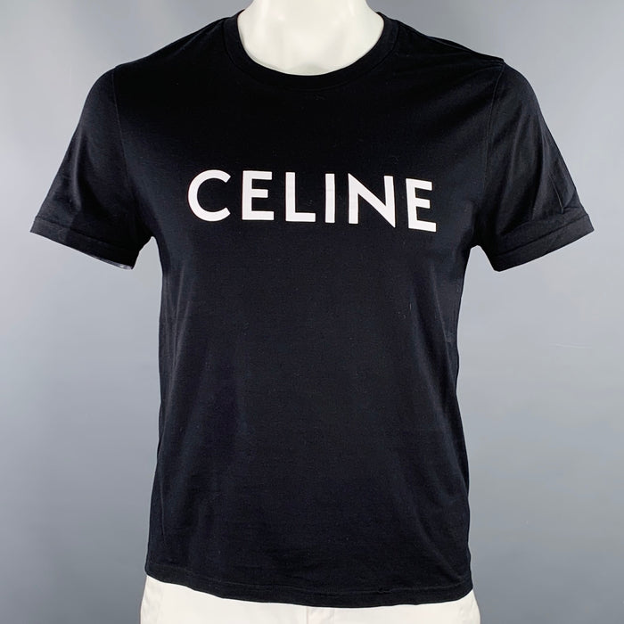 CELINE Size XL Black White Logo Cotton Crew Neck T-shirt