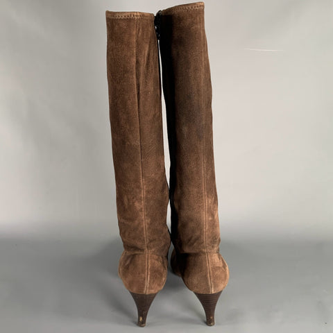 Bottes PRADA en daim marron à bout pointu et fermeture éclair latérale, Taille 7.5