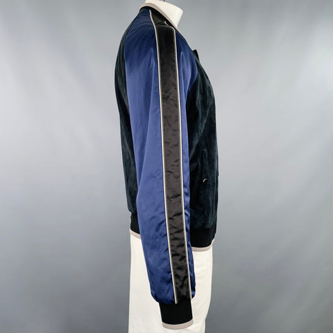 LANVIN Size 46 Black Blue Mixed Fabrics Lamb Suede Bomber Jacket