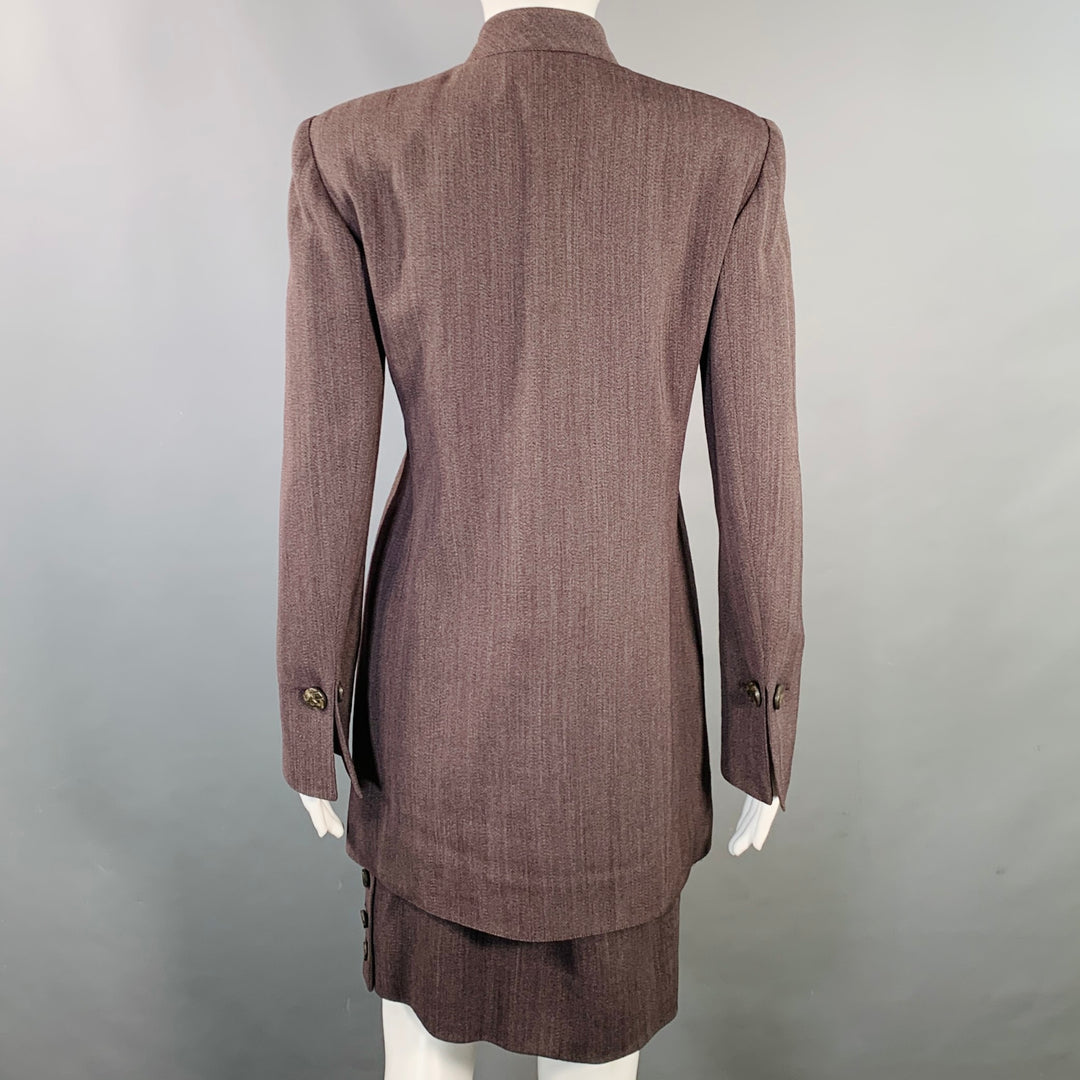 EMANUEL UNGARO Size 6 Purple Brown Wool Twill Mandarin Collar Midi Pencil Skirt Suit